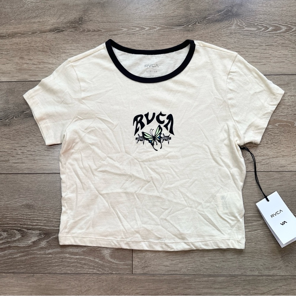 NWT RVCA Butterfly Cream Shrunken Ringer Cropped Graphic Tee - Picture 4 of 8